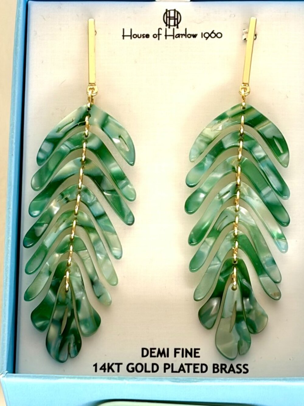 House of Harlow 1960 Green Leaf Drop Earrings 14K Gold Plated Brass